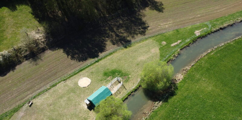 Alpakahof Arneth. Eine Hütte mit großer Weide in Vogelperspektive, wobei ein Teil abgegrasst ist. Am oberen Rand ist ein Schatten von einem Baum